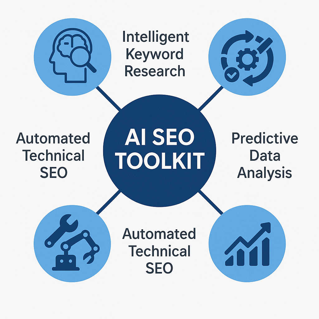 The AI SEO Toolkit Diagram showing the four core pillars of the AI SEO toolkit: keyword research, content lifecycle, technical SEO, and data analysis.