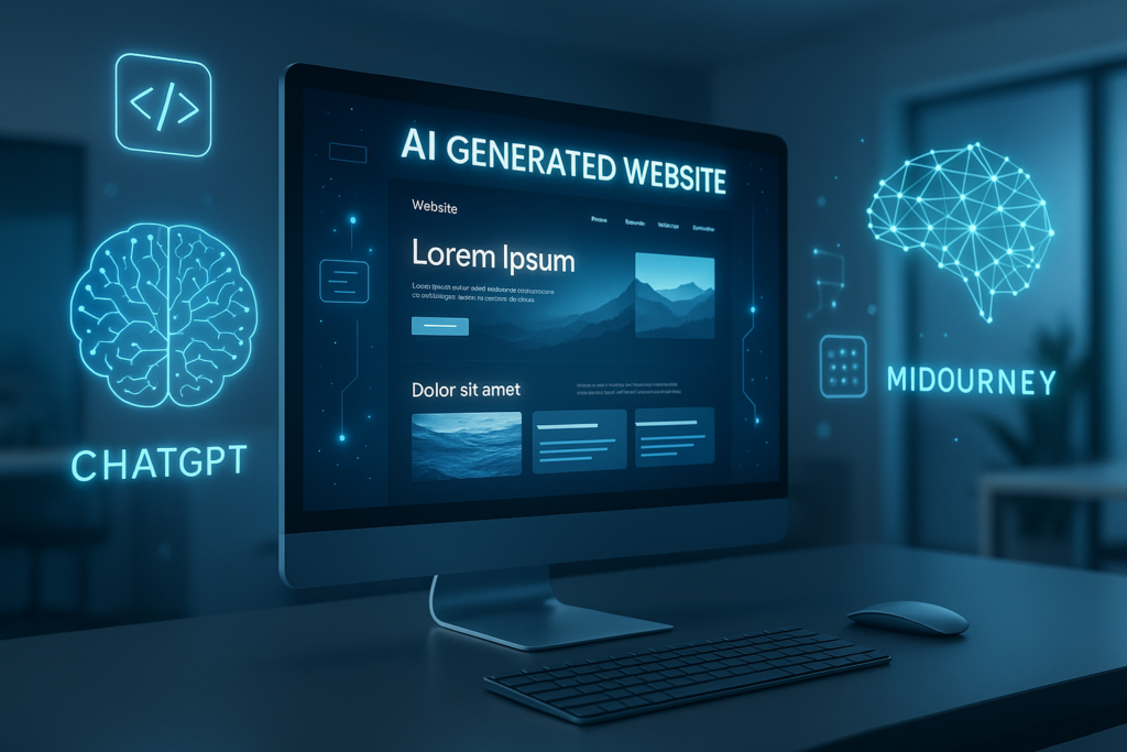 A futuristic workspace showcasing AI-powered web design automation.