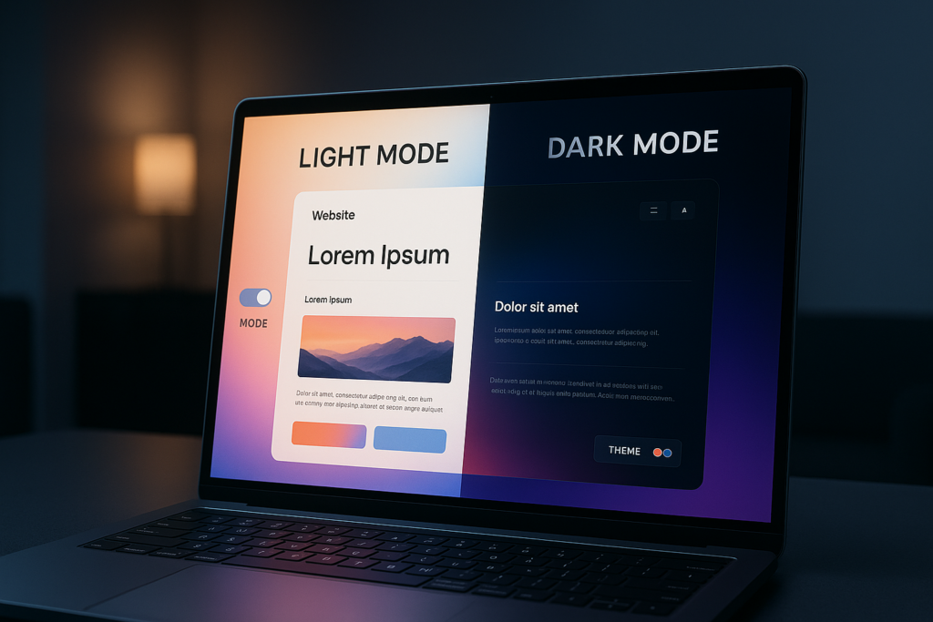 A modern user interface demonstrating dark mode and dynamic theme switching.
